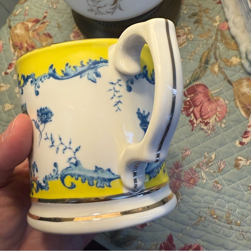 NWT Anthropologie Owl Coffee Tea Mug Nature Table Lou Rota Yellow & Blue Gold - Picture 4 of 6